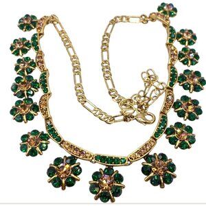 Green Rhinestone Flower Necklace Gold Tone Floral Design
